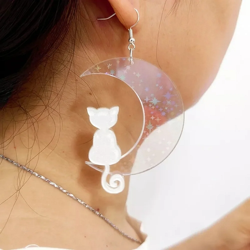 Cat on a Crescent Moon Acrylic Statement Earrings